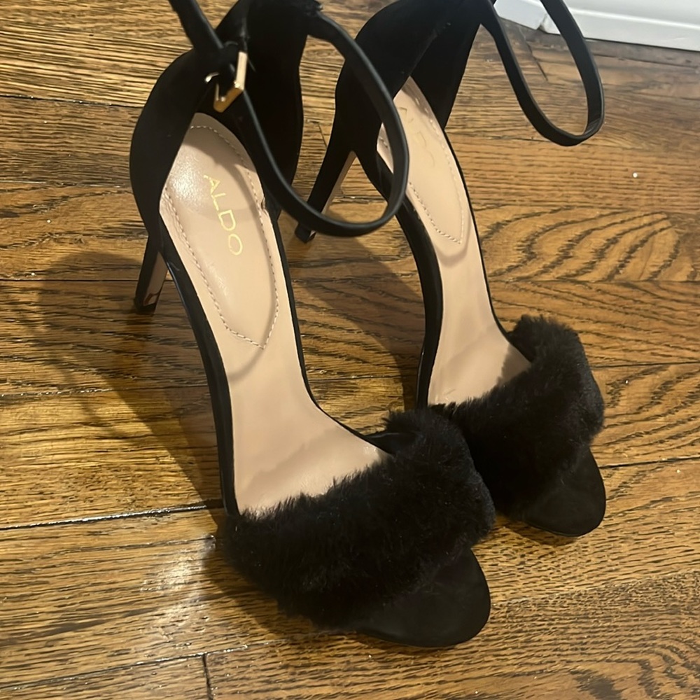 Black Aldo fur heels, size 7.5